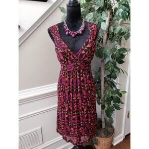 APT.9 Flared Dress Women Large Multi Geometric Print Pleated Skirt Surplice Neck